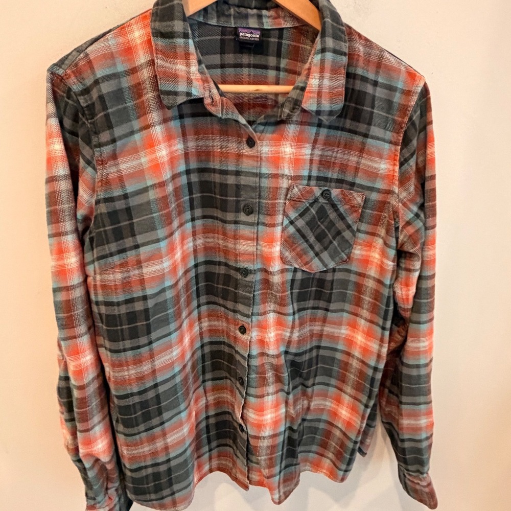 Patagonia Heywood Flannel Shirt Womens Plaid Organic Cotton Blue Orange